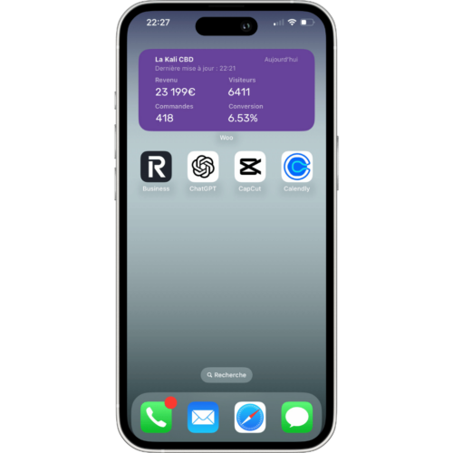 Affichage des résultats de la boutique en ligne de La Kali CBD sur un iPhone avec widget